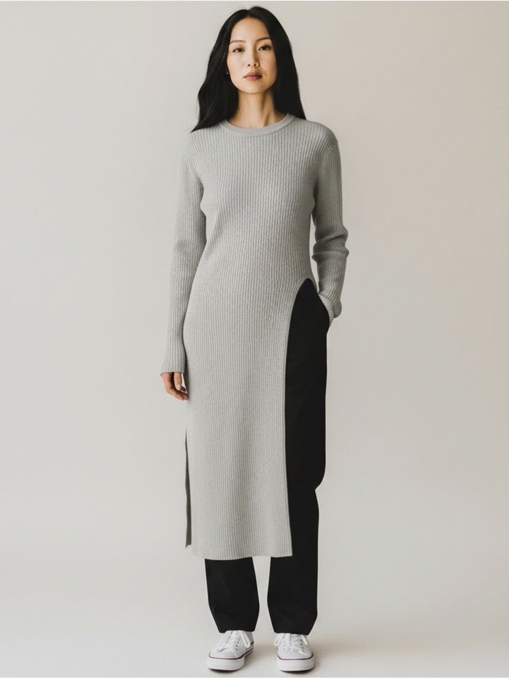 Minimalist Grey Ribbed Knit Thigh Cut Sweater